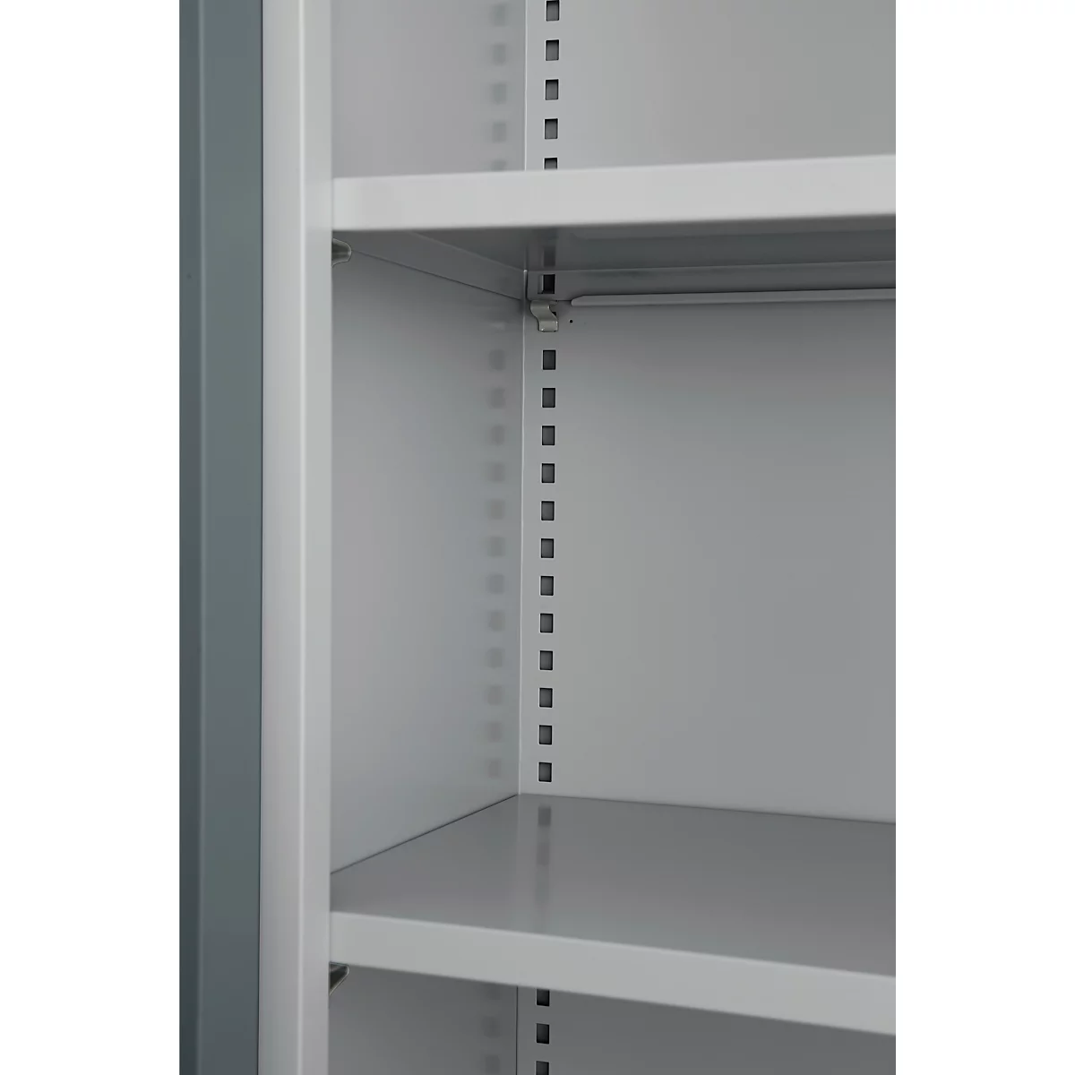 Detailed view of a white cabinet with shelves and a metal construction.