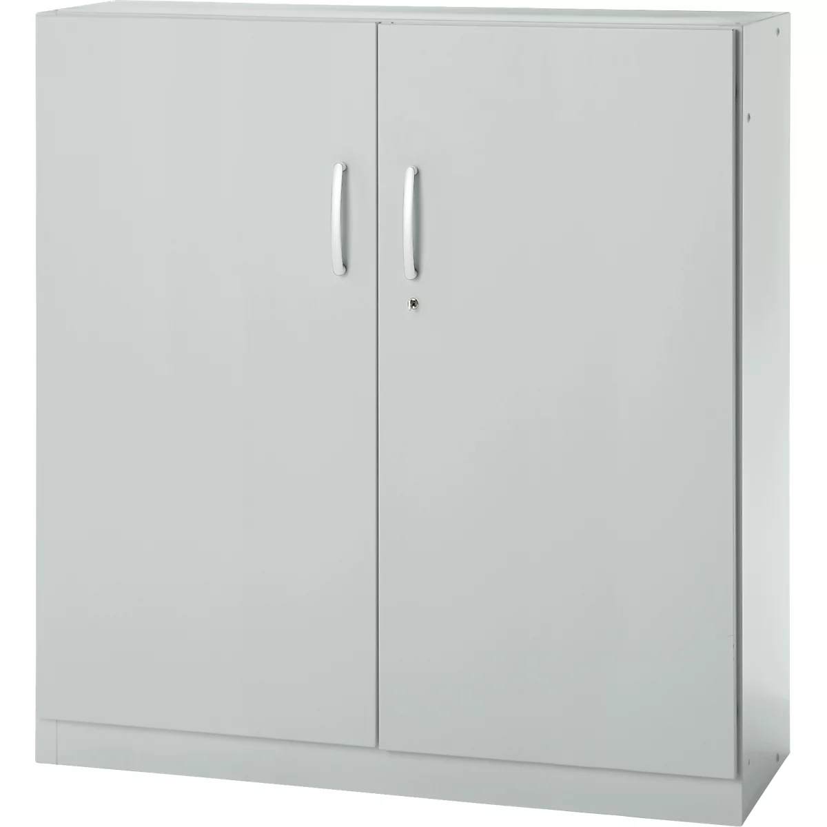 Grey cabinet with two doors, each with a handle and a lock.