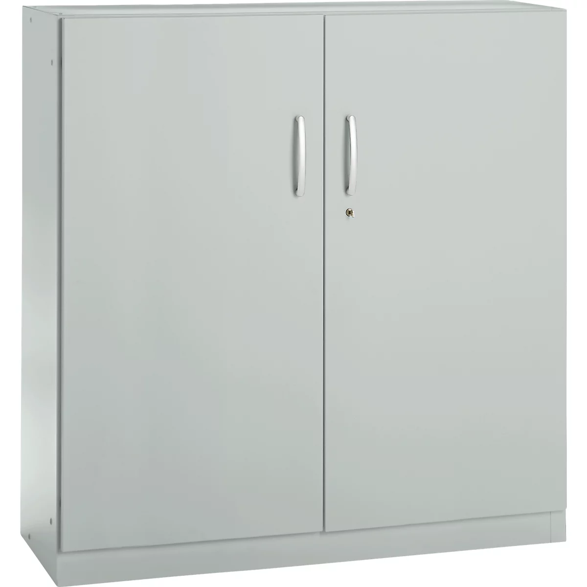 Gray cabinet with two doors, each with a silver handle and a keyhole.