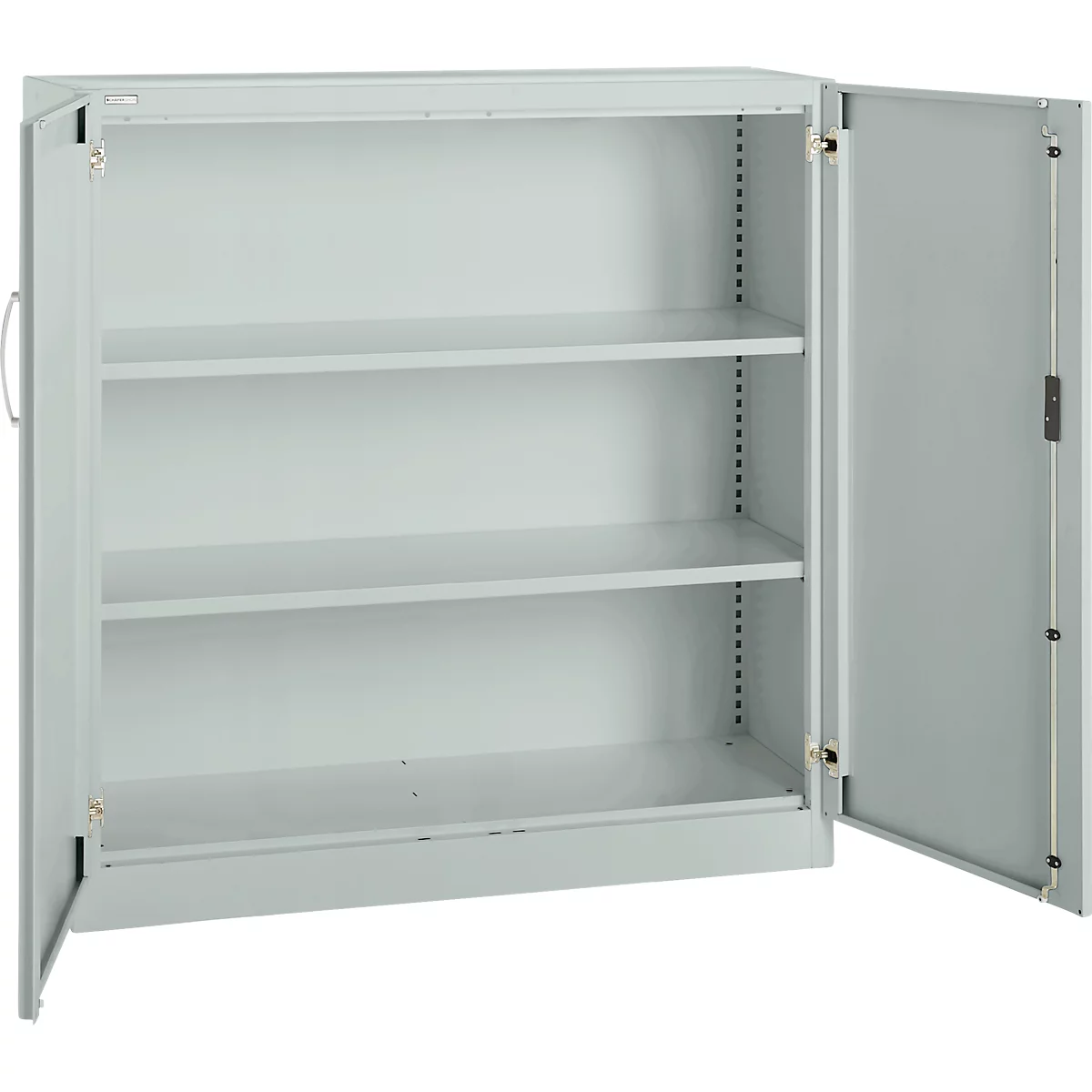 Gray steel cabinet with two open doors. Inside are three shelves.