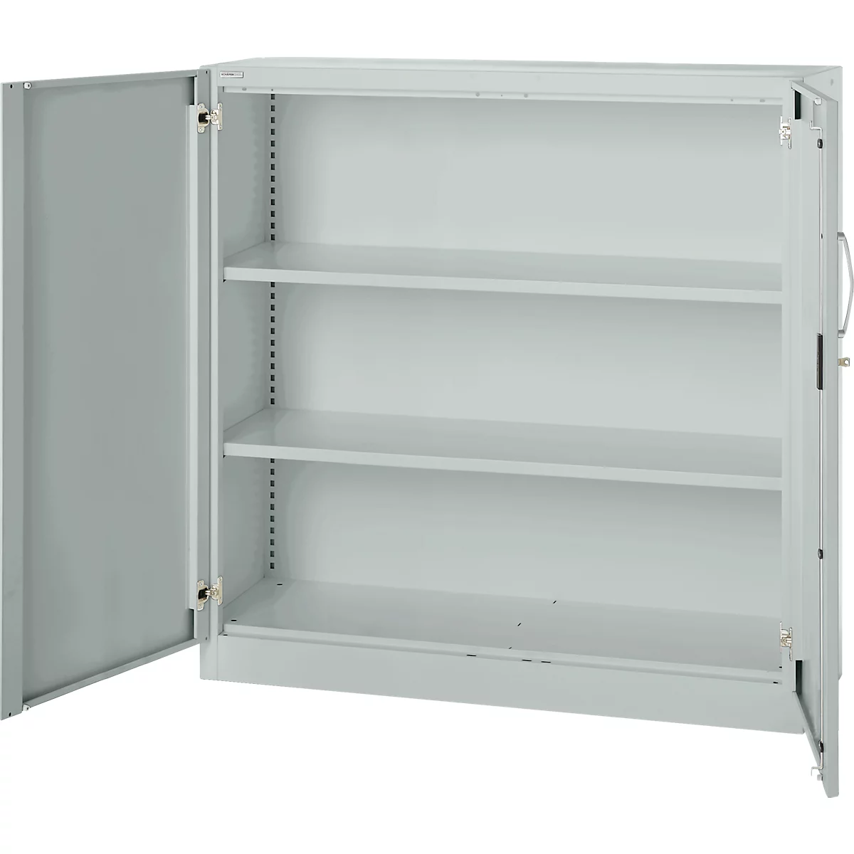 Light gray steel cabinet with open door. Three shelves. Handle and lock.