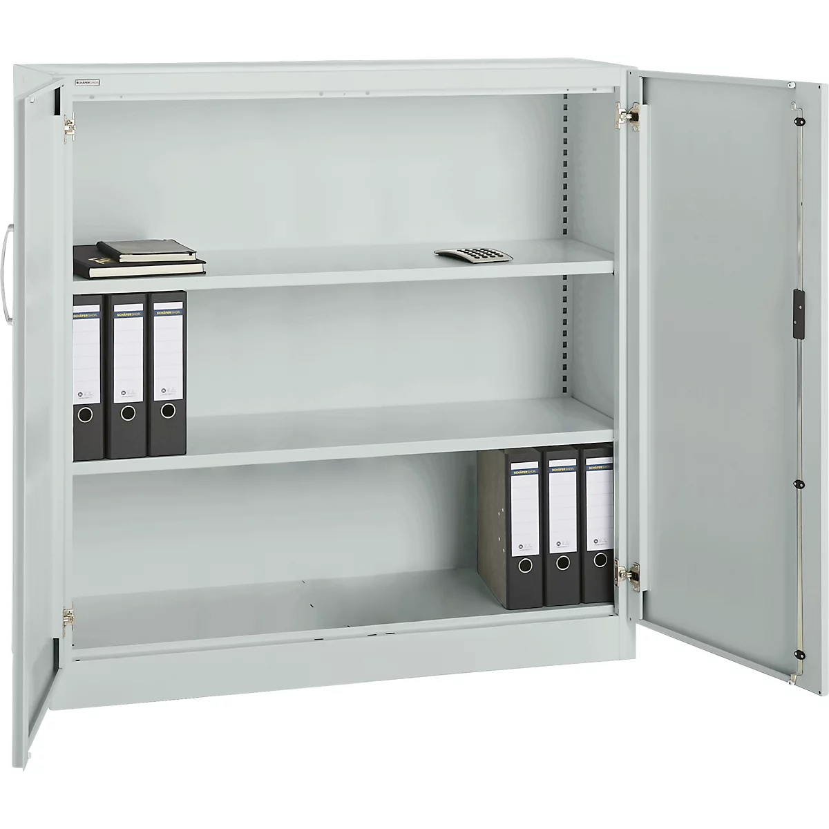 Light grey file cabinet with open doors, filled with binders, notepad, and calculator.