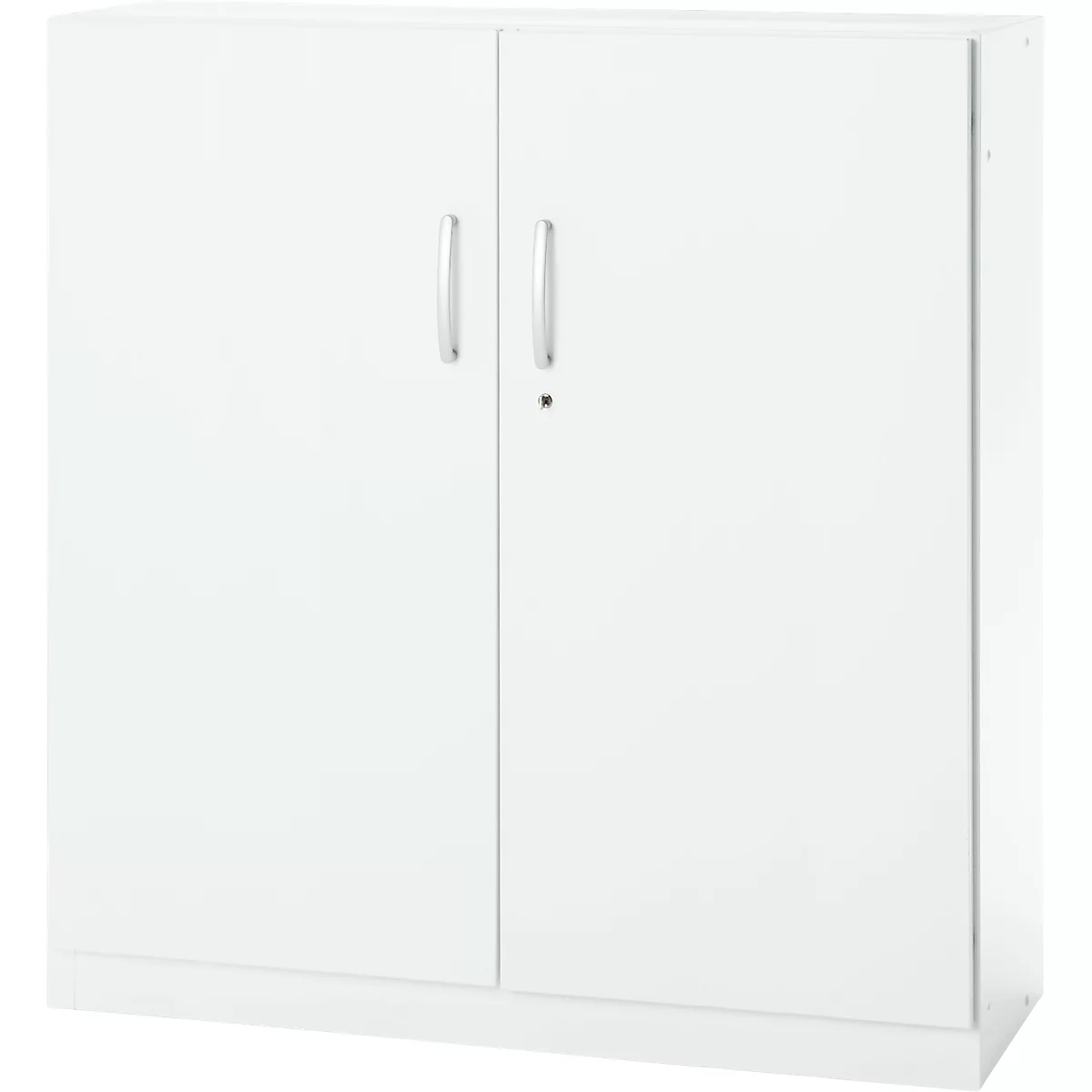 White cabinet with two doors and silver handles.