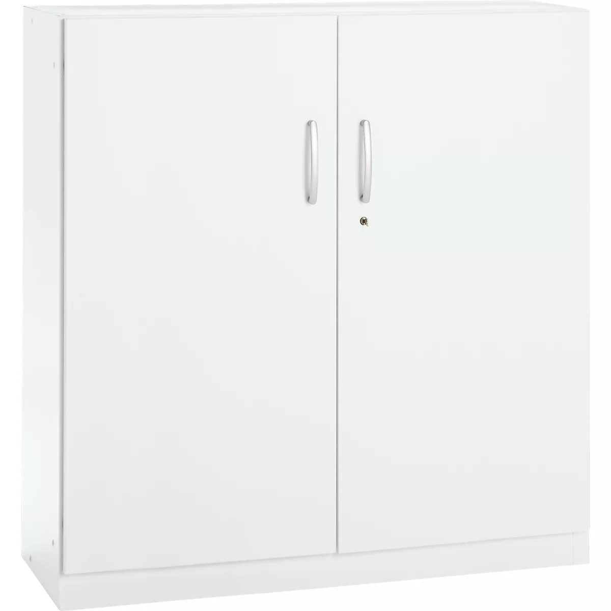 White cabinet with two doors, silver handles, and a lock.