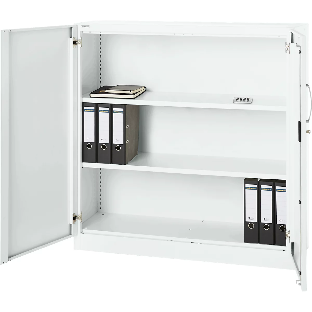 White file cabinet with open doors, holding file folders and notebooks on the shelves.