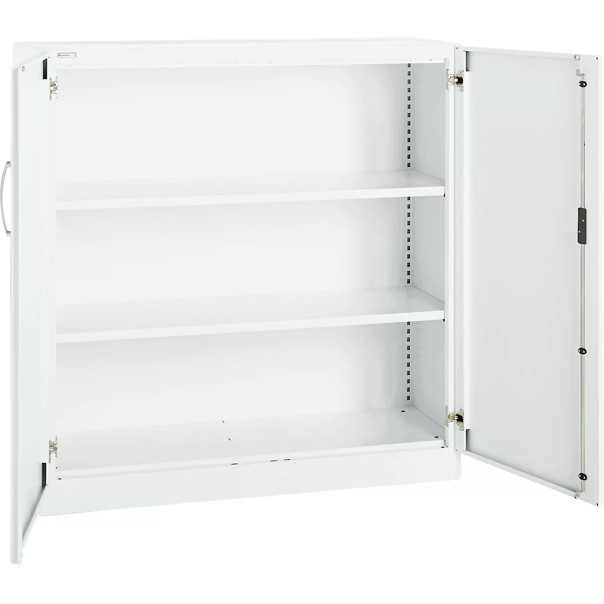 White cabinet, both doors open. Three shelves inside.