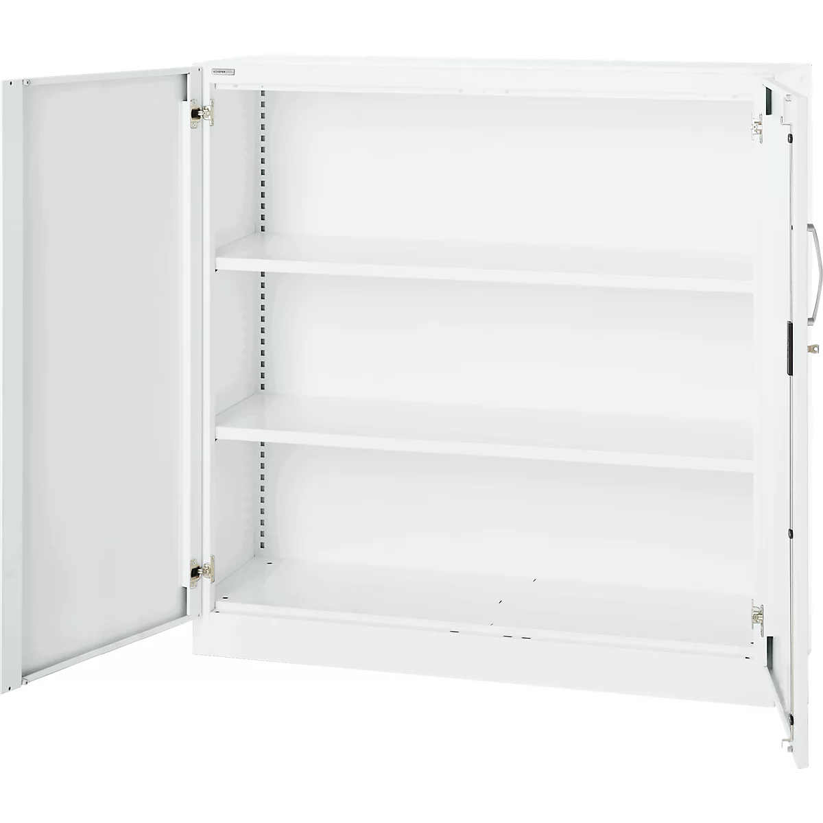 White cabinet with open doors, revealing three white shelves.