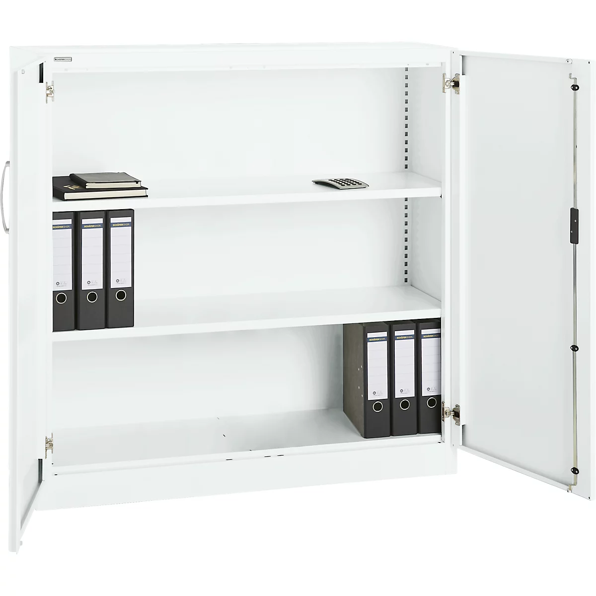 White filing cabinet with open doors, folders, and notepad.