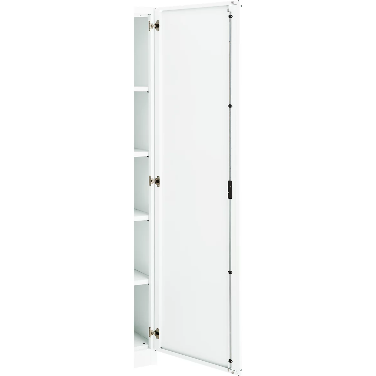 White cabinet door partially open, several shelves visible.