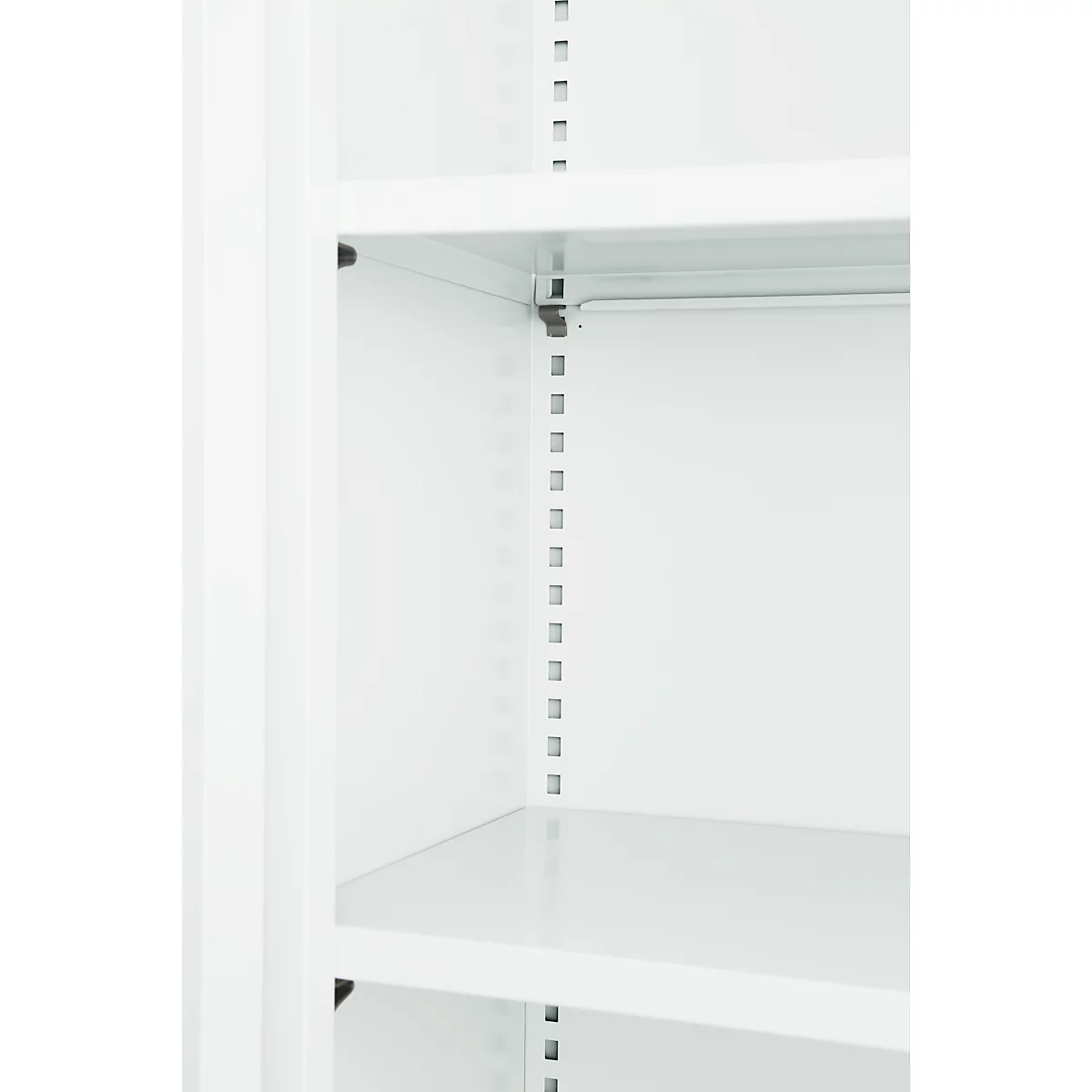 Close-up of a white cabinet with empty shelves, looking inside. The shelves are bare and clean.