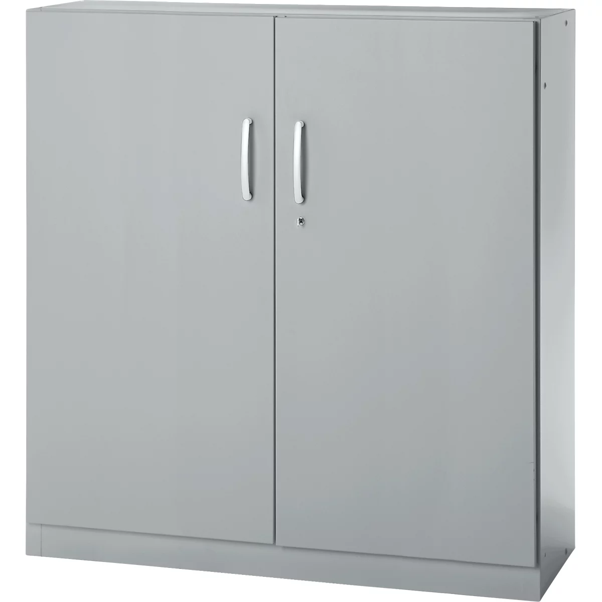 Grey filing cabinet with two doors and silver handles. A lock is located in the middle.
