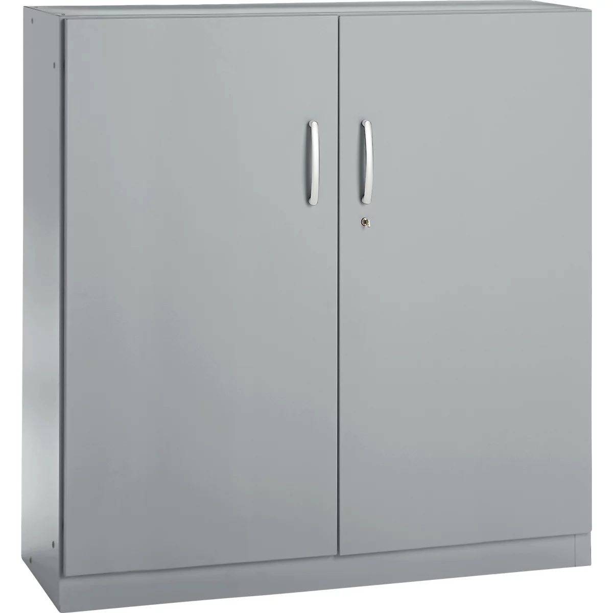 Grey cabinet with two doors, two silver handles, and a keyhole.