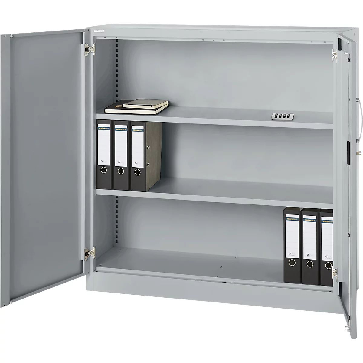 Gray filing cabinet with open door, three shelves, file folders, and notebook.