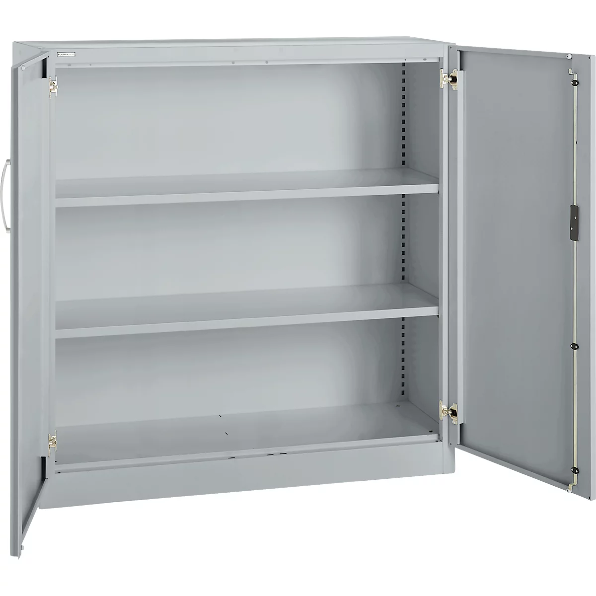 Gray steel cabinet, one door open, three shelves. Handle and hinges visible.