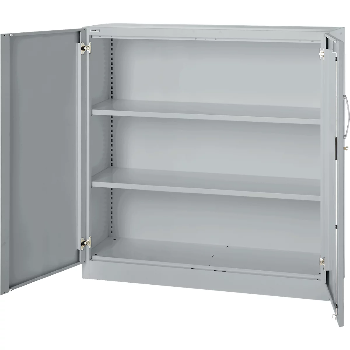 Grey, open cabinet with three shelves, one door open. Visible hinges, handle, and lock.