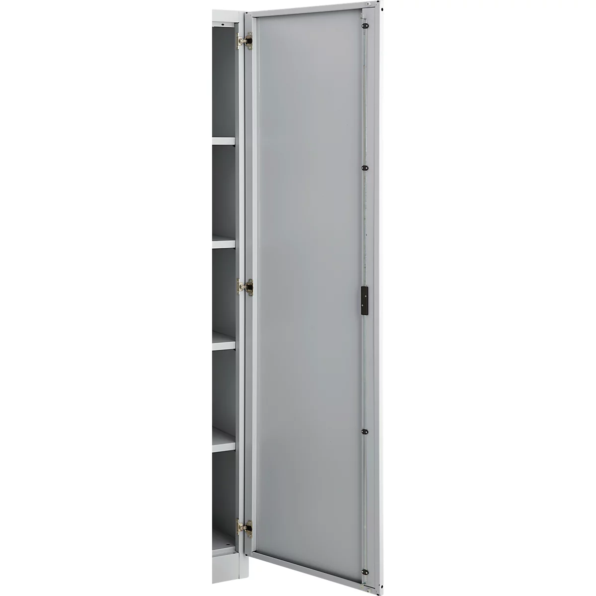 Grey cabinet with open door. Several shelves are visible inside.
