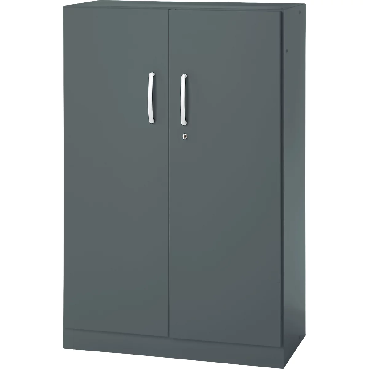 Dark grey cabinet with two doors, silver handles and a lock.