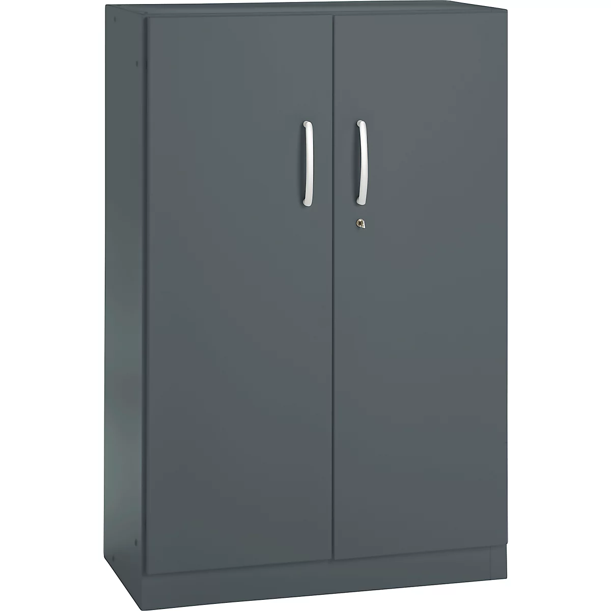 Dark grey cabinet with two doors, silver handles, and a keyhole.