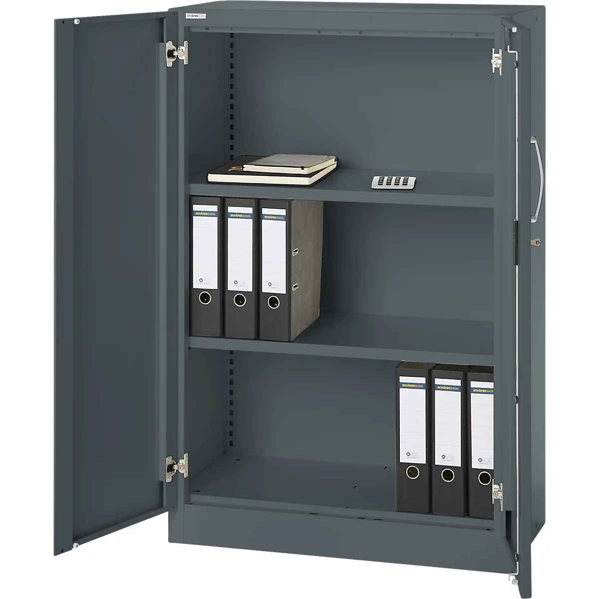 Grey steel cabinet with open door, filled with folders and notebook.