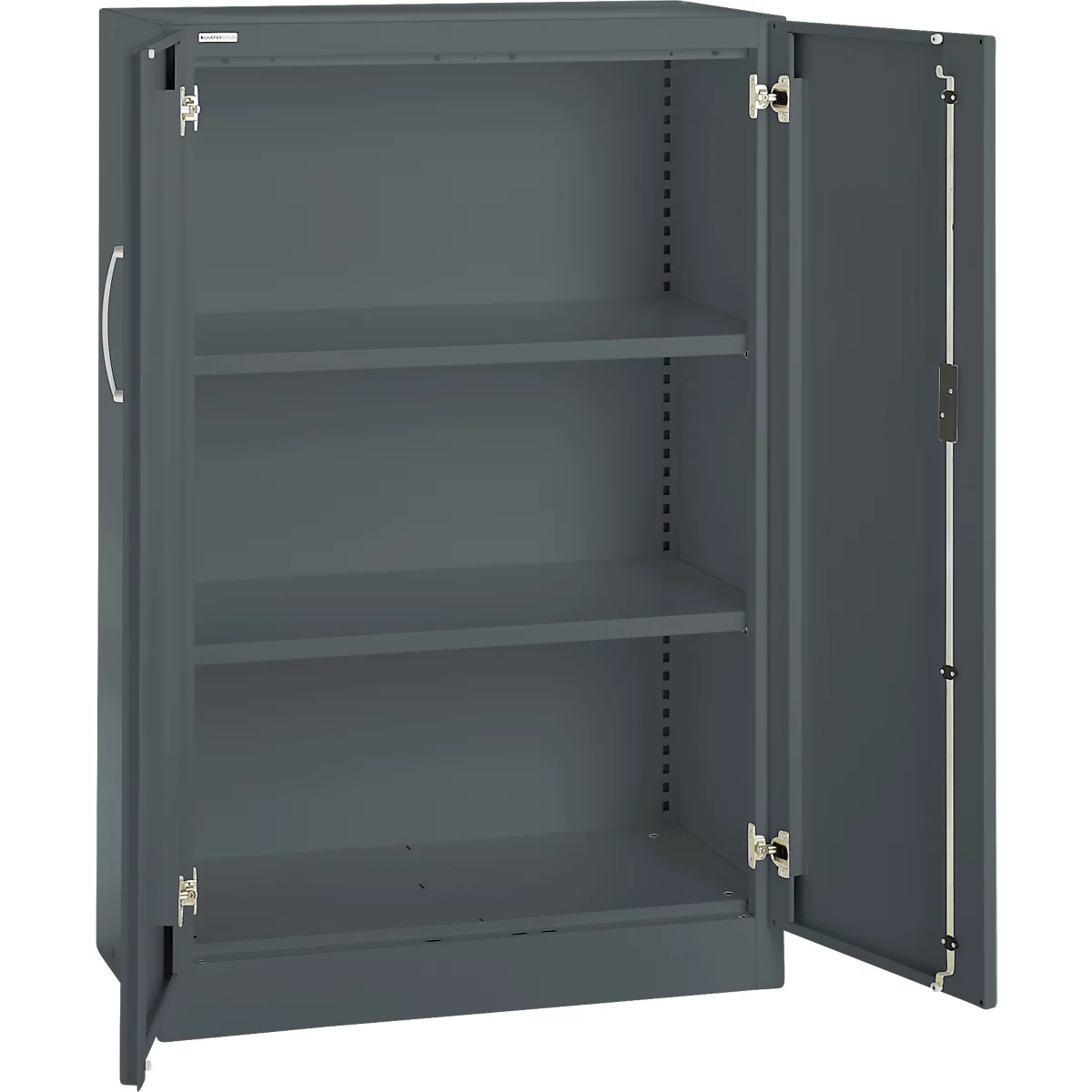 Grey steel cabinet with open doors. Three shelves are visible.