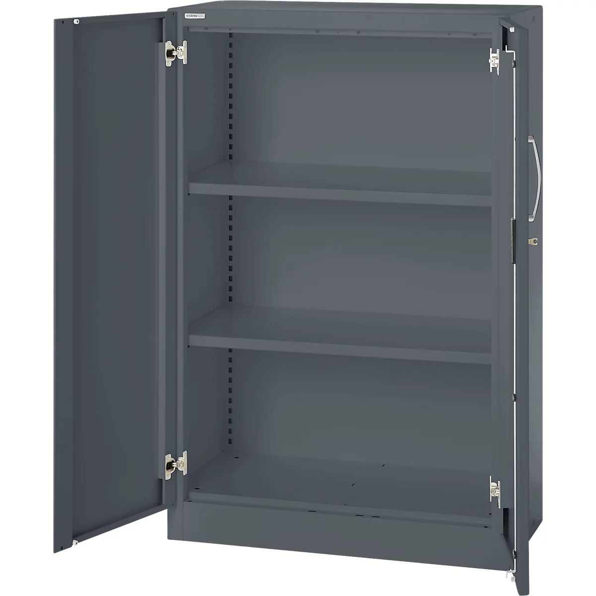 Gray steel cabinet with open doors. Three shelves.
