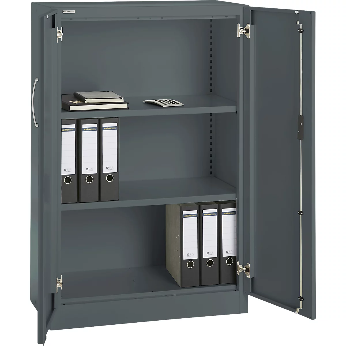 Gray filing cabinet with open door filled with folders and office supplies.