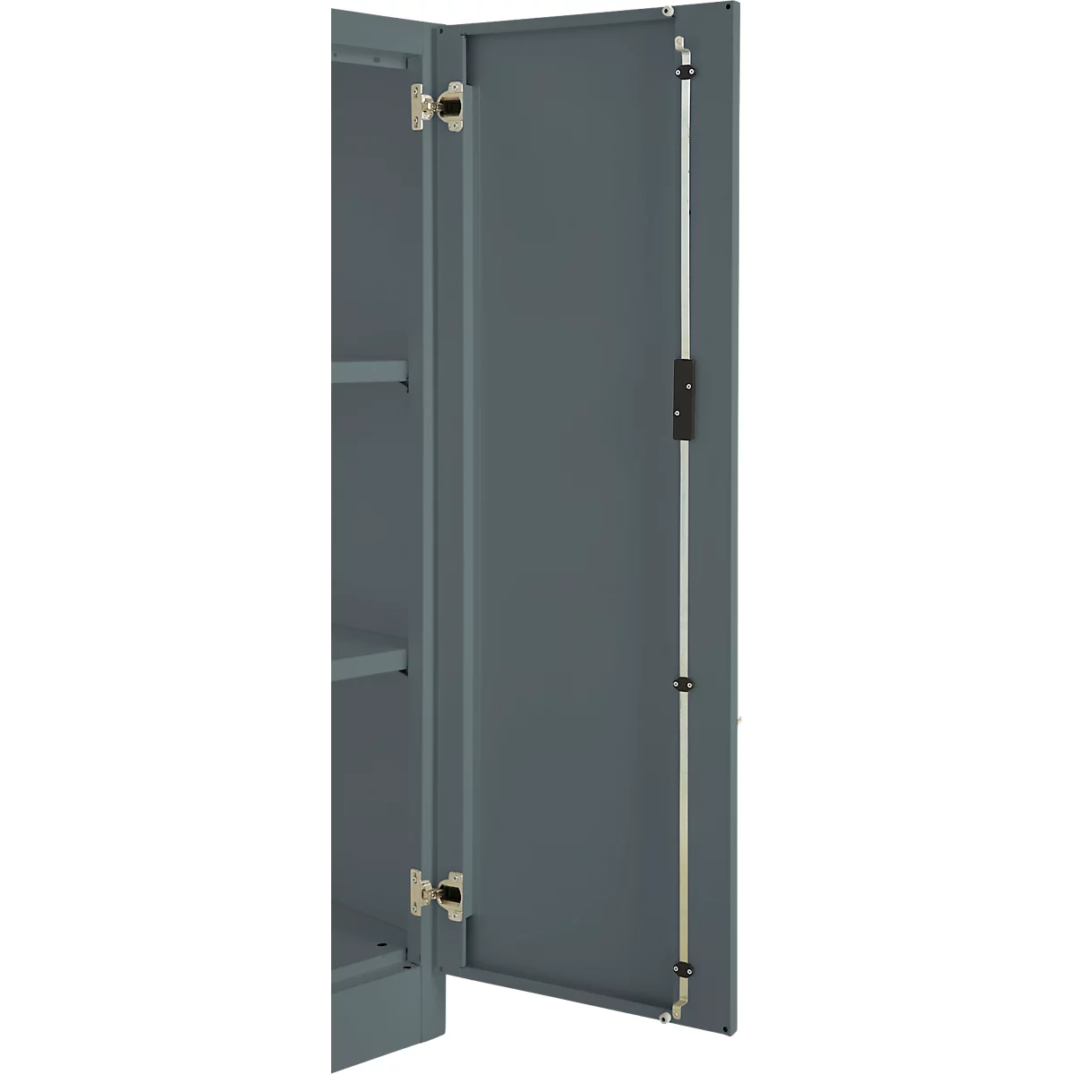 Grey cabinet door, partially open, with silver hinges and metal bar. View inside.
