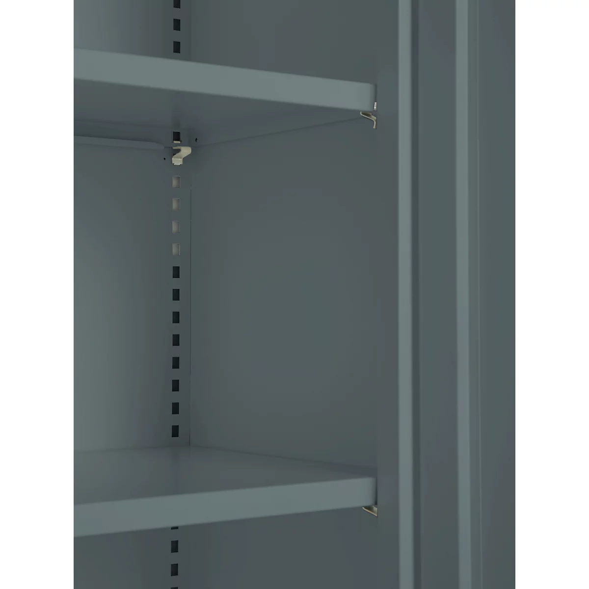 Interior view of a gray cabinet with shelves. The supports are clearly visible.