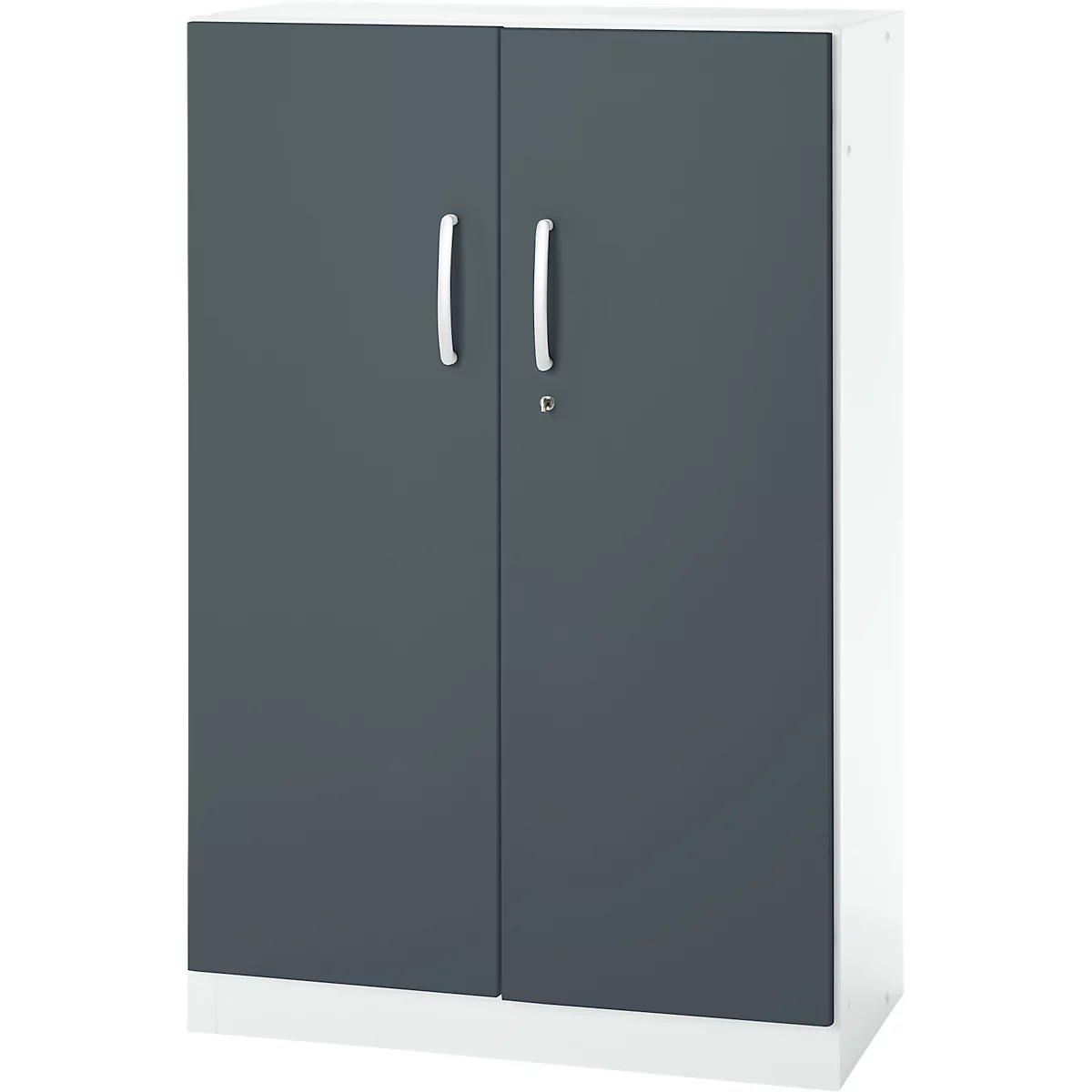Dark grey cabinet with two doors, silver handles, and a lock. The cabinet sits on a white base.