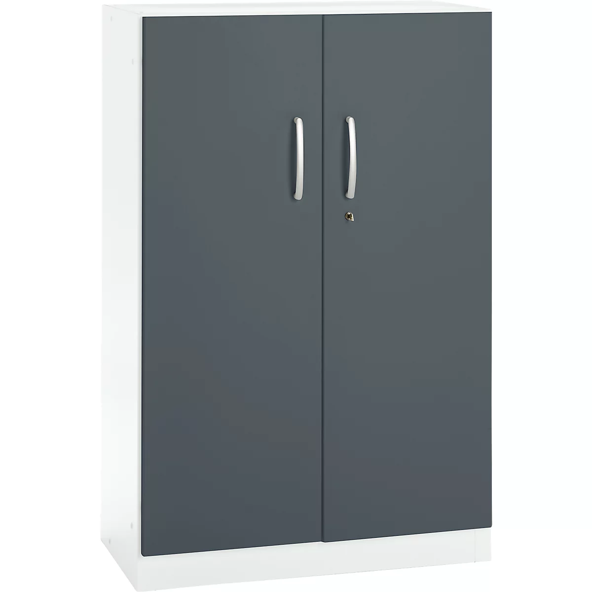 A gray cabinet with two doors, two silver handles, and a keyhole. The cabinet stands on a white base.