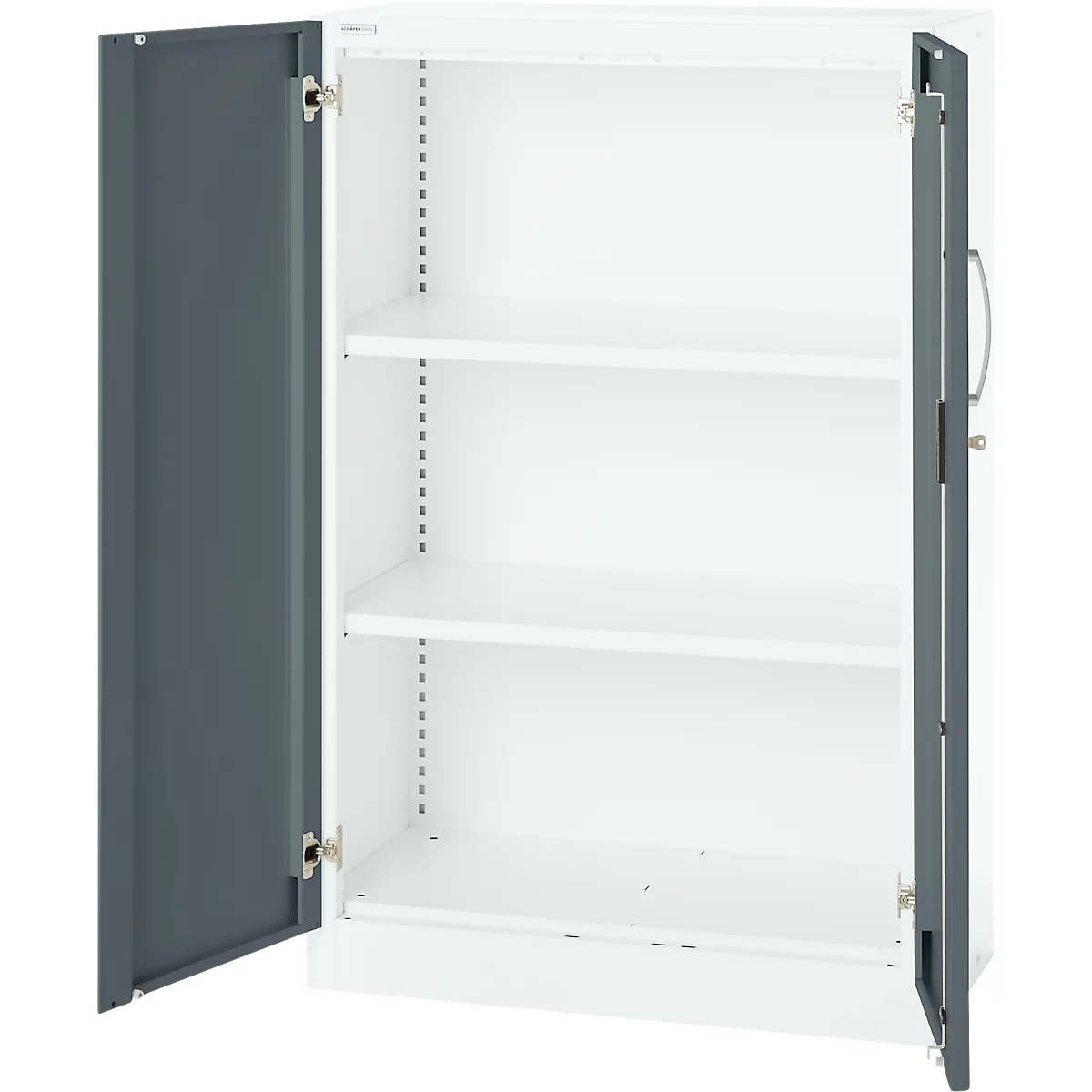An open white cabinet with gray doors and three shelves. The right door is open, handle is visible.
