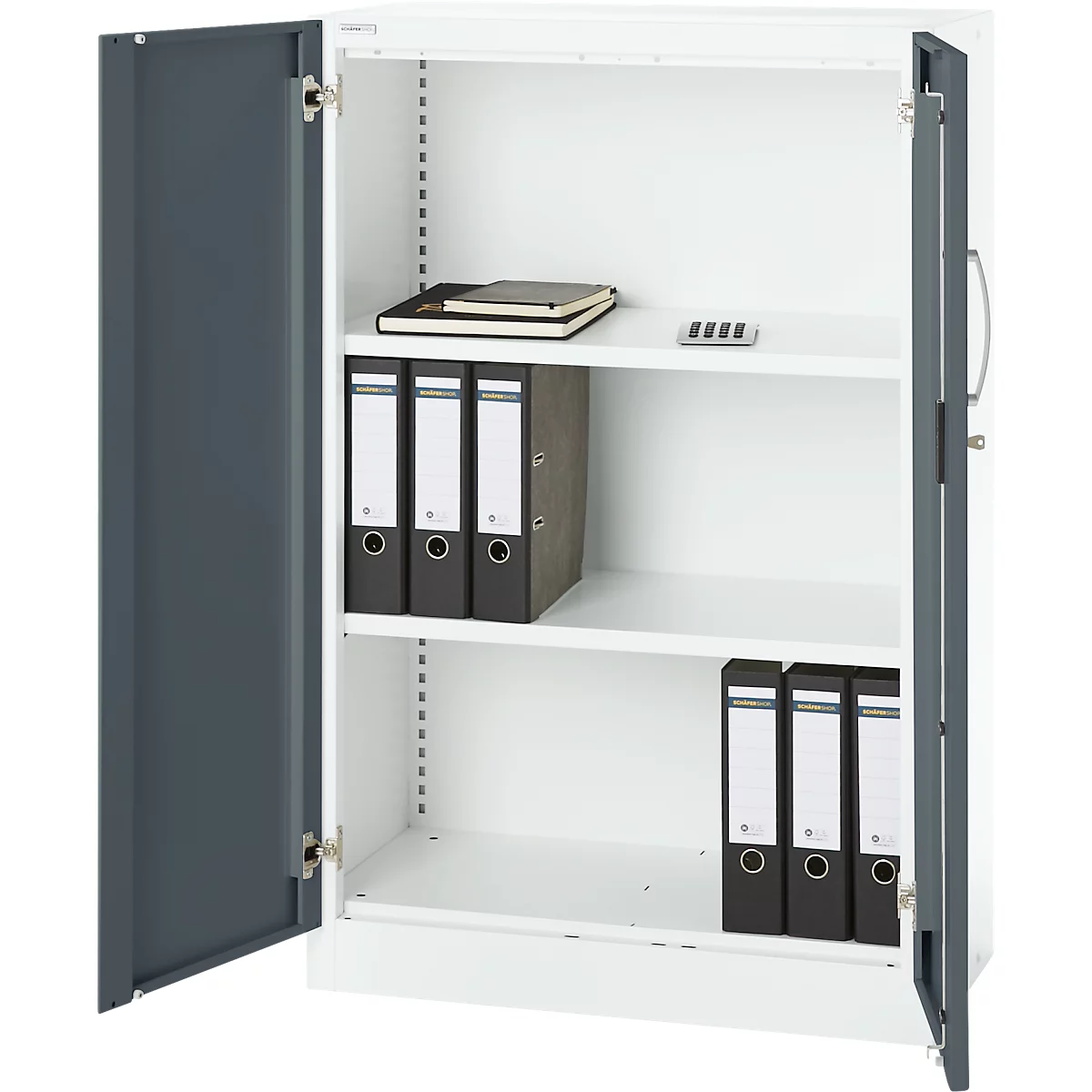 Open grey filing cabinet with file folders on the shelves. The left door is half open.