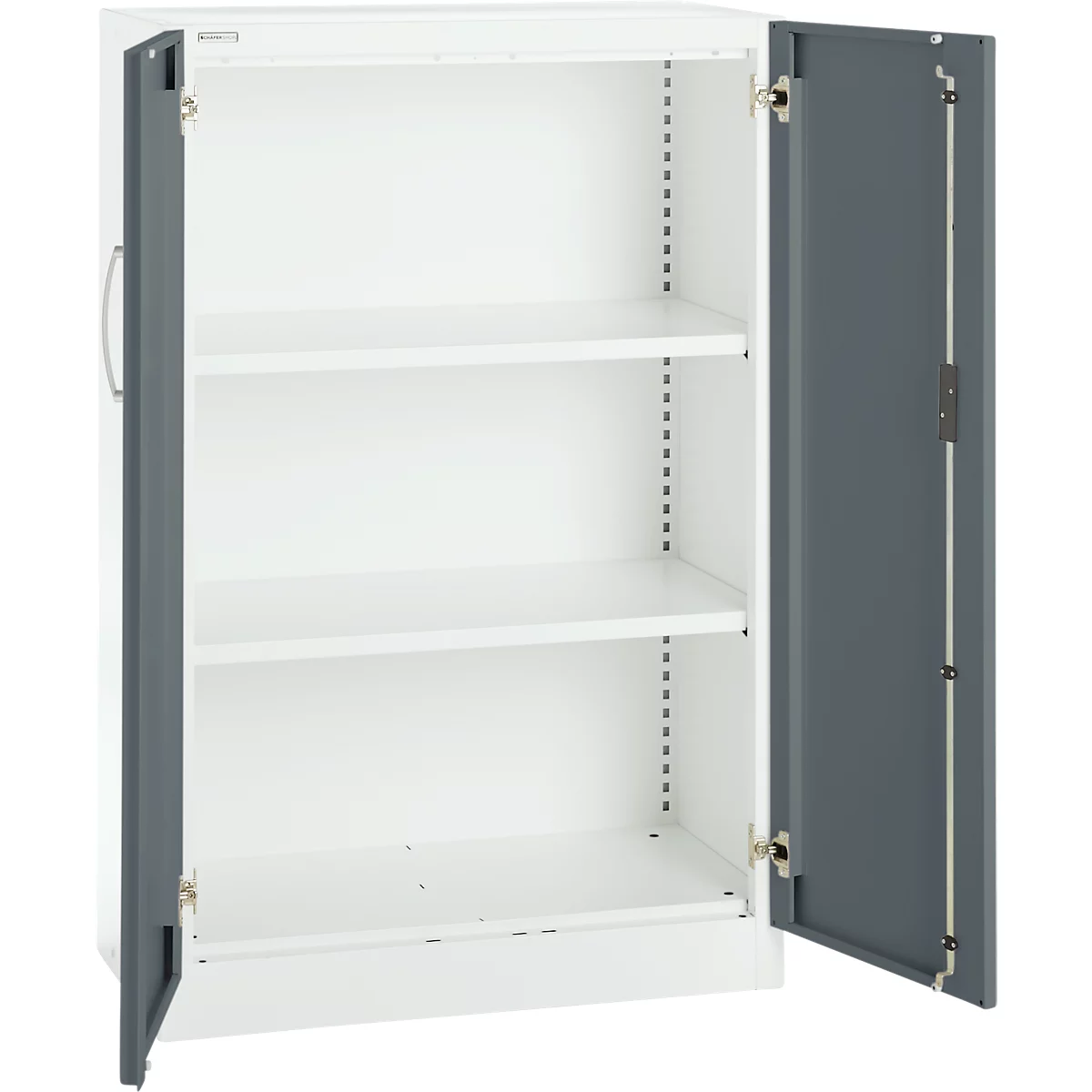 White steel cabinet with open gray doors, three white shelves inside.