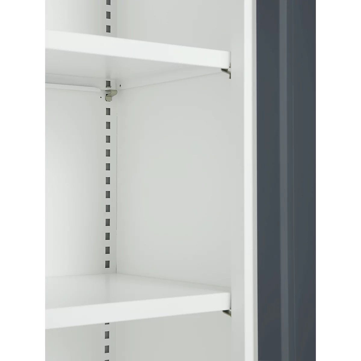 White shelf with two shelves. On the right side a gray side wall. On the inside there are rows of holes.