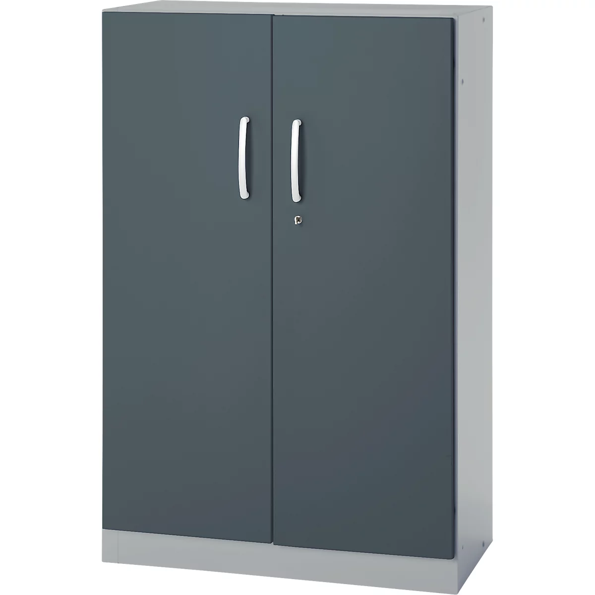 Gray cabinet with two doors, two handles and a keyhole.