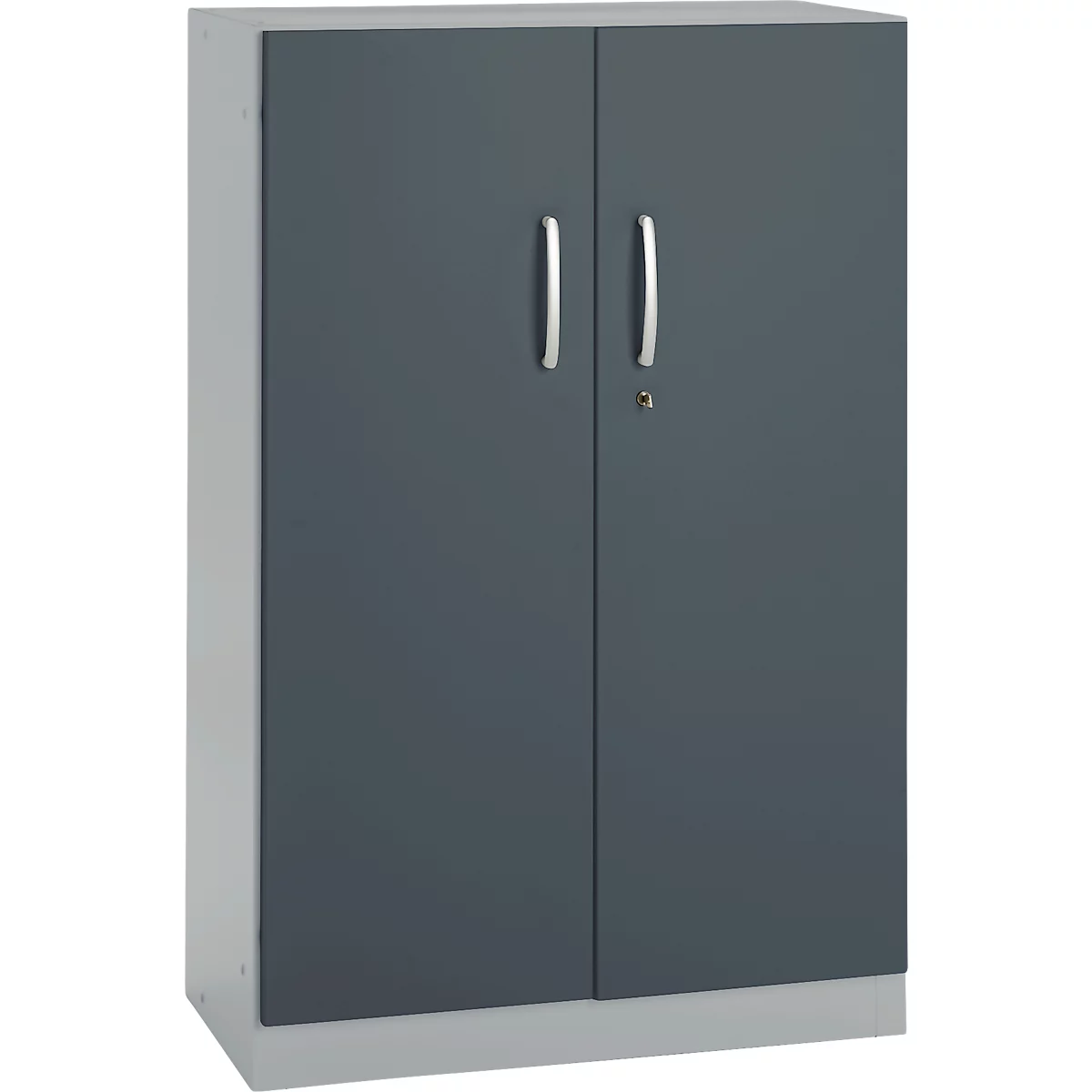 Grey steel cabinet with two doors, silver handles, and keyhole.