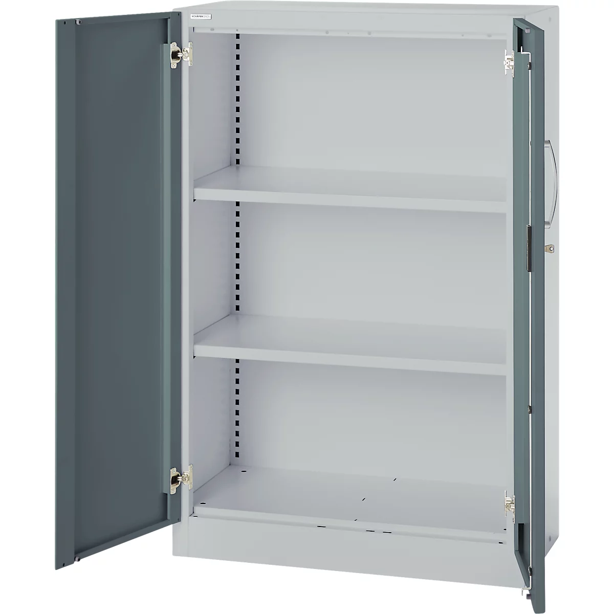 An open, gray steel cabinet with three shelves. The left door is fully, the right is half open. The hinges are silver.