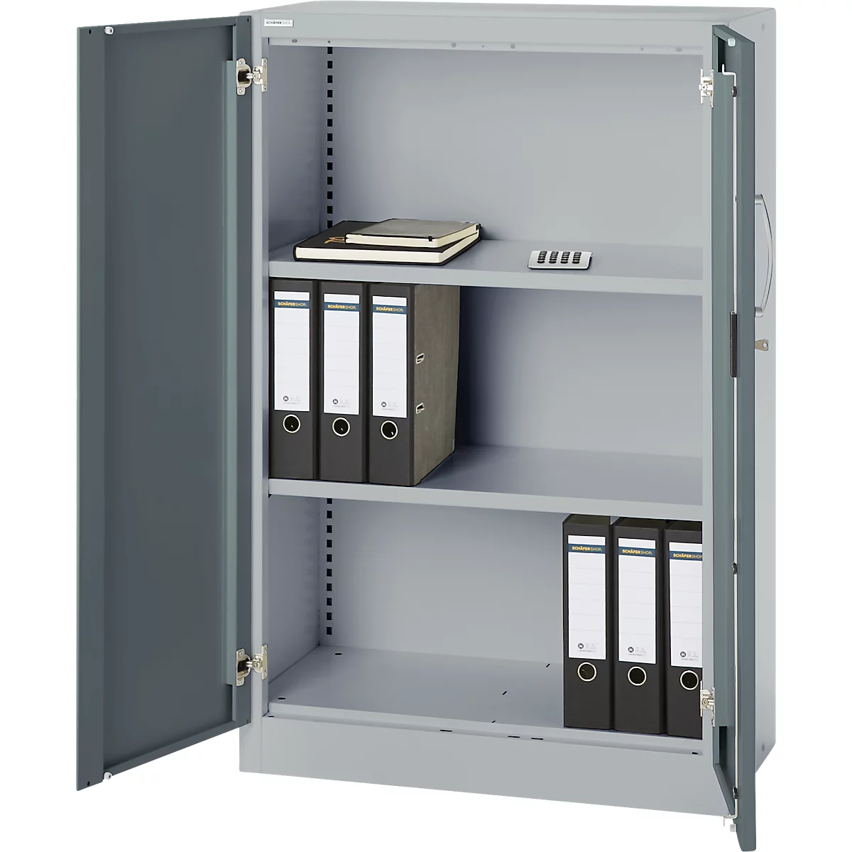 Grey filing cabinet, open, with folders and notebook on the shelves.