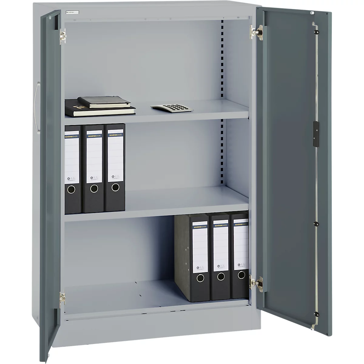Grey filing cabinet with open doors. Folders and office supplies are in the cabinet.