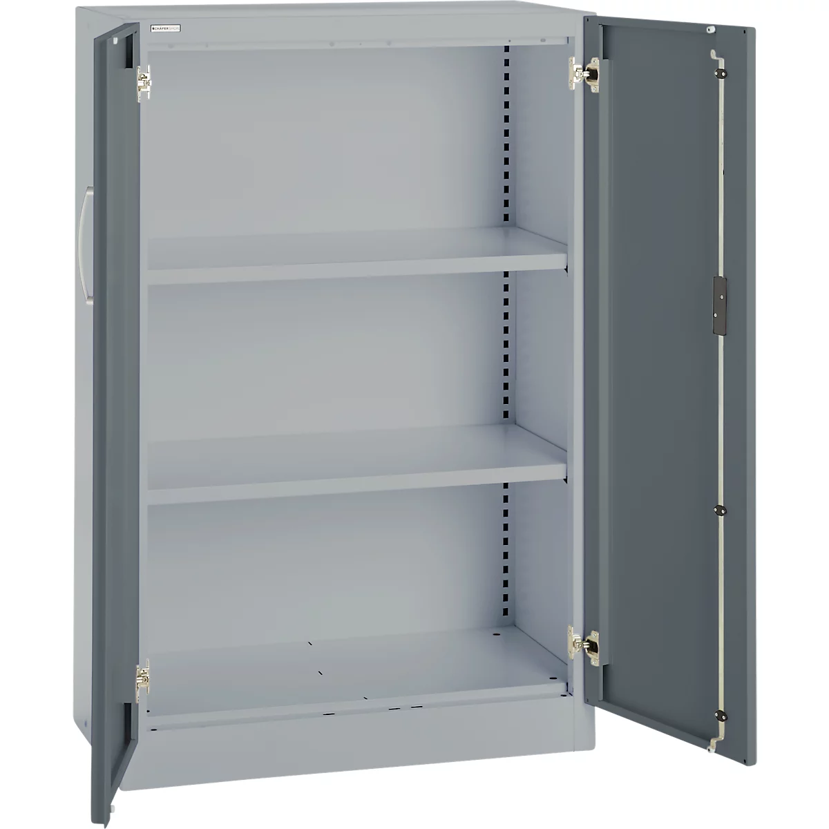 Gray steel cabinet with open doors and three shelves.