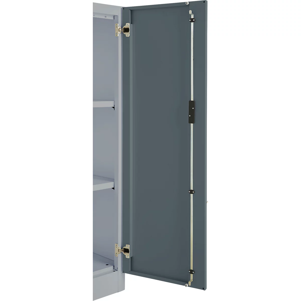 A gray cabinet with an open door. Hinges and brackets are visible.