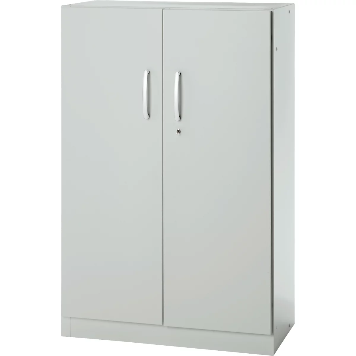 Gray steel cabinet with two doors, silver handles, and a keyhole.