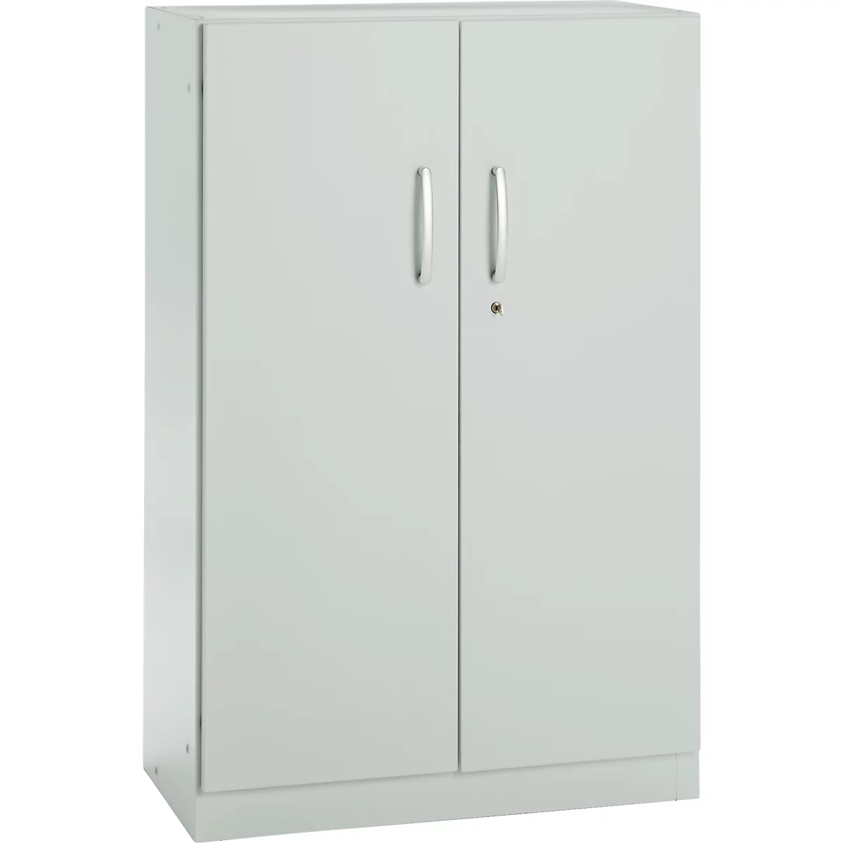 Grey cabinet with two doors, silver handles and lock.