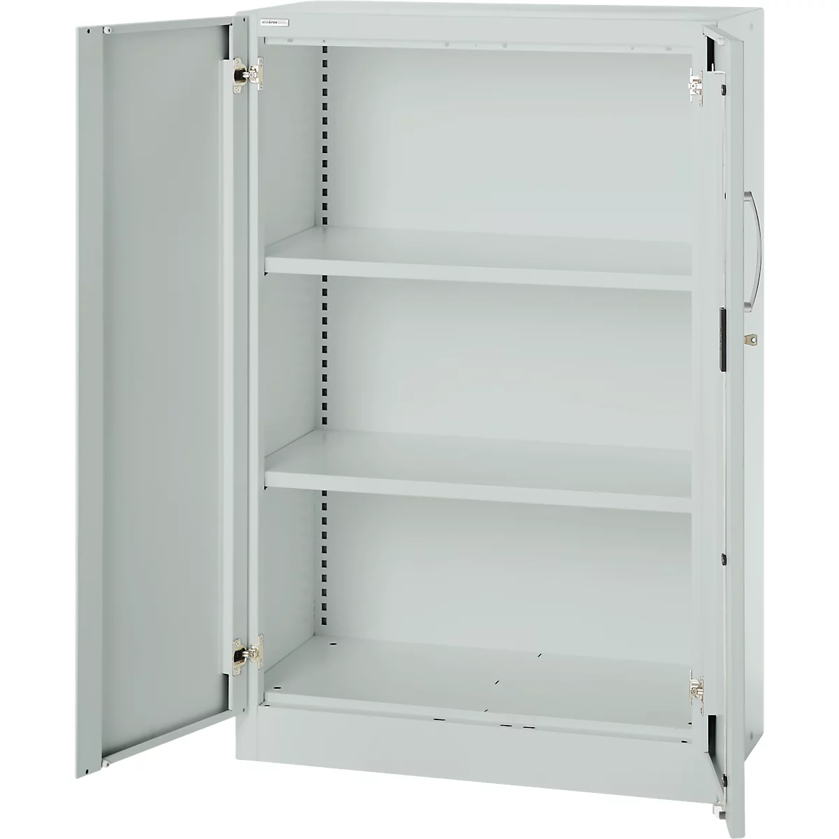 Open gray steel cabinet with three shelves.