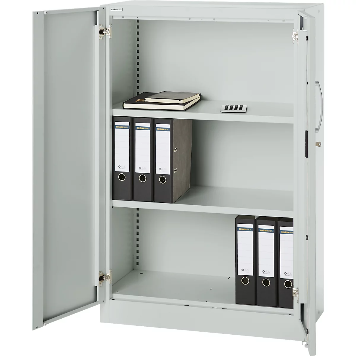 Open gray steel cabinet with three shelves. Files, notebook and calculator are on the shelves.