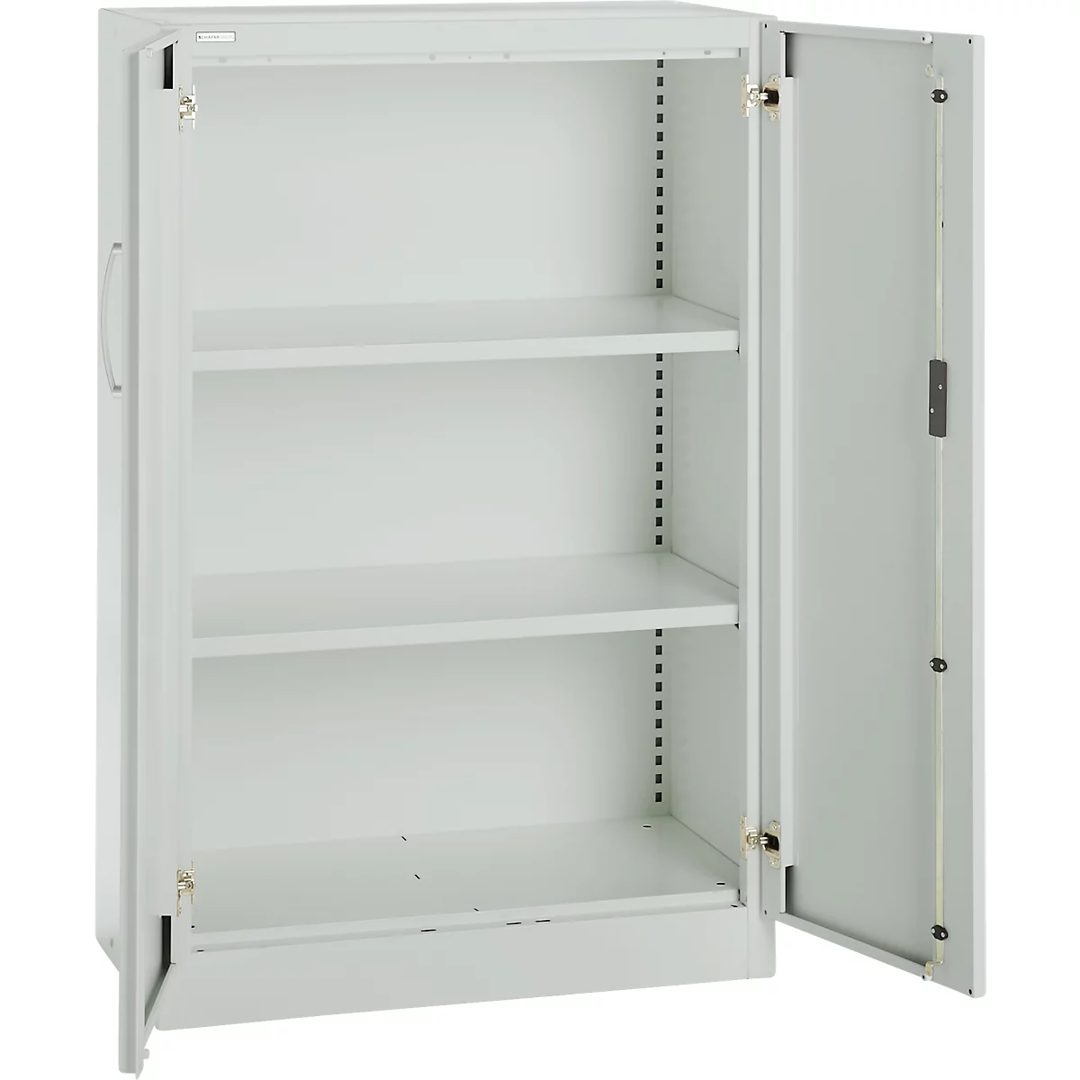 Light gray steel cabinet with two open doors and three shelves.
