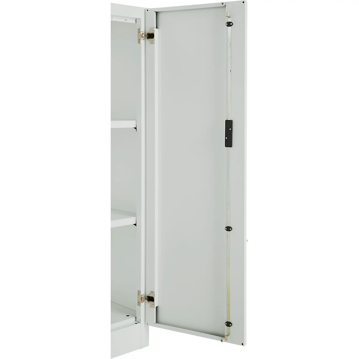 White cabinet, the door is half open. Hinges and brackets are visible. The cabinet has shelves.