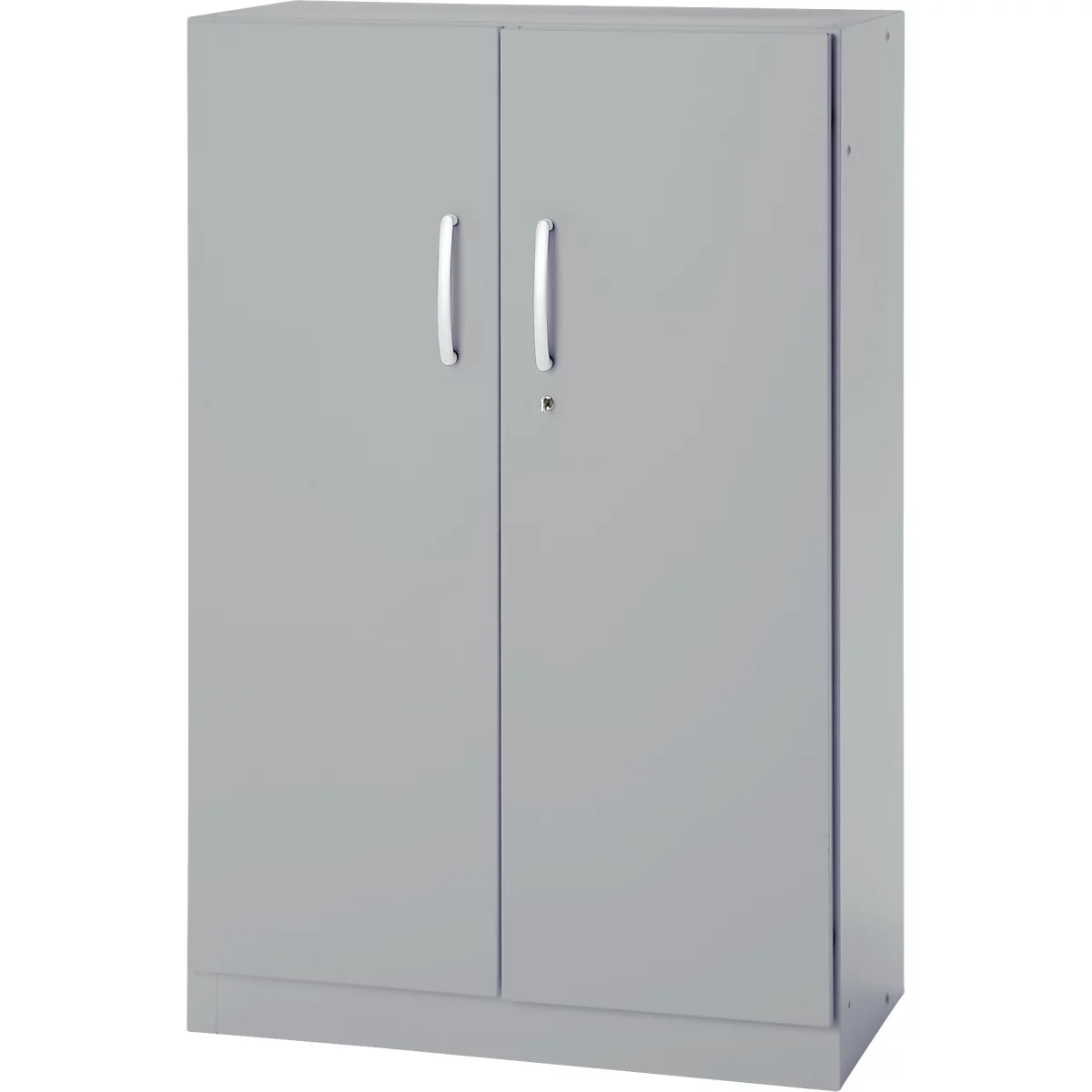 Gray cabinet with two doors, silver handles, and a lock.