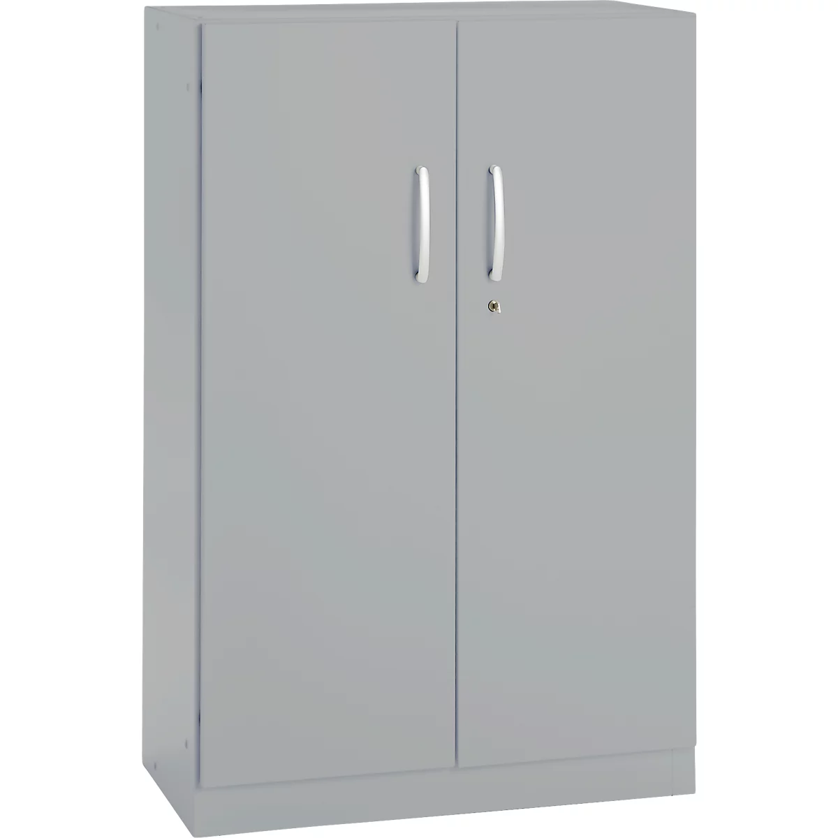 Gray cabinet with two doors and silver handles; a keyhole is visible on the front.