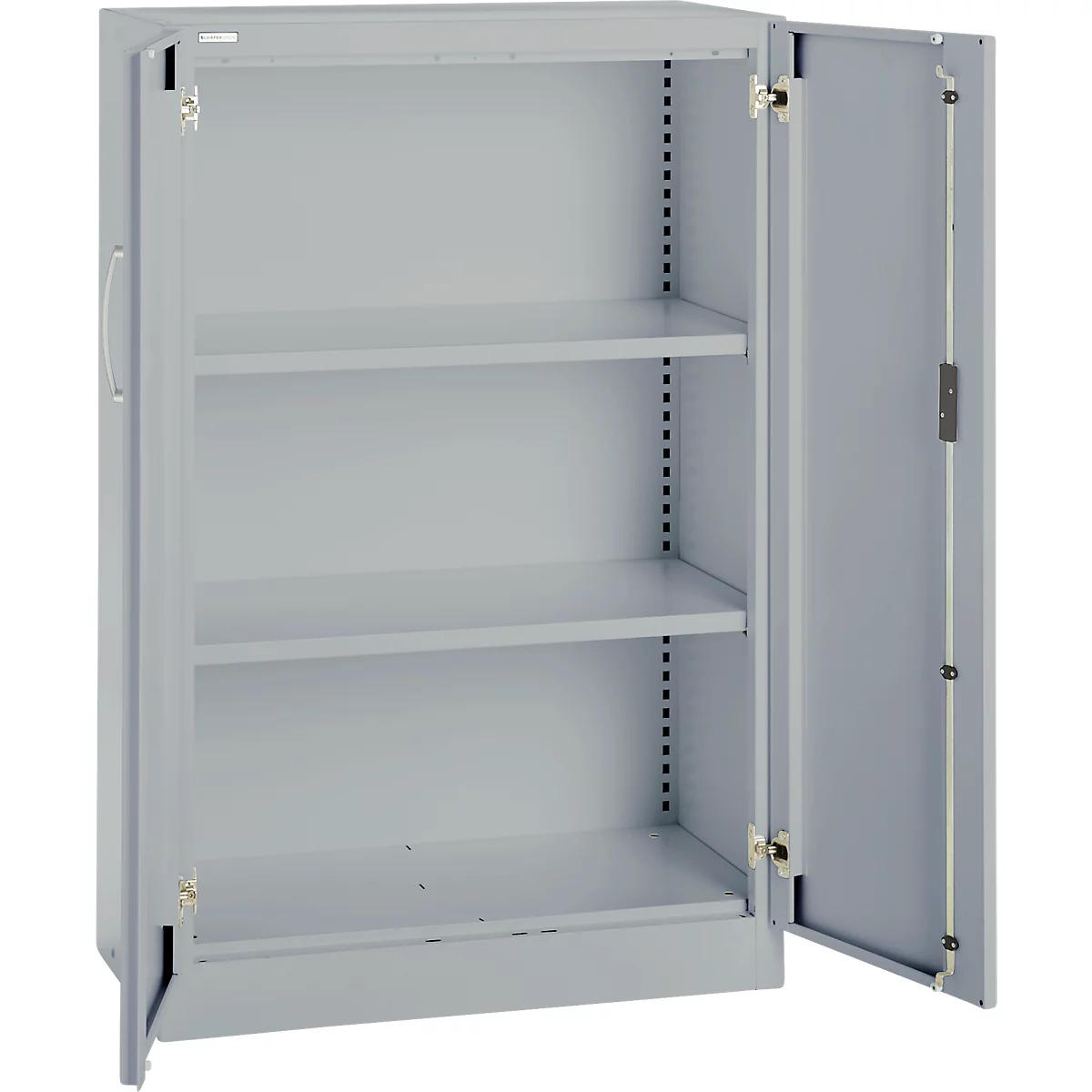Gray steel cabinet, open doors, three shelves. Metal cabinet with one handle, suitable for storage in the office or workshop.